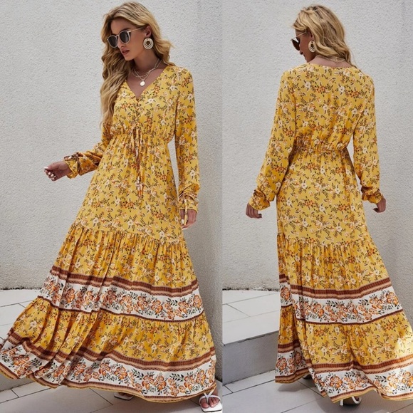 Pink cream floral print long bishop sleeve boho gypsy maxi dress - Picture 2 of 3